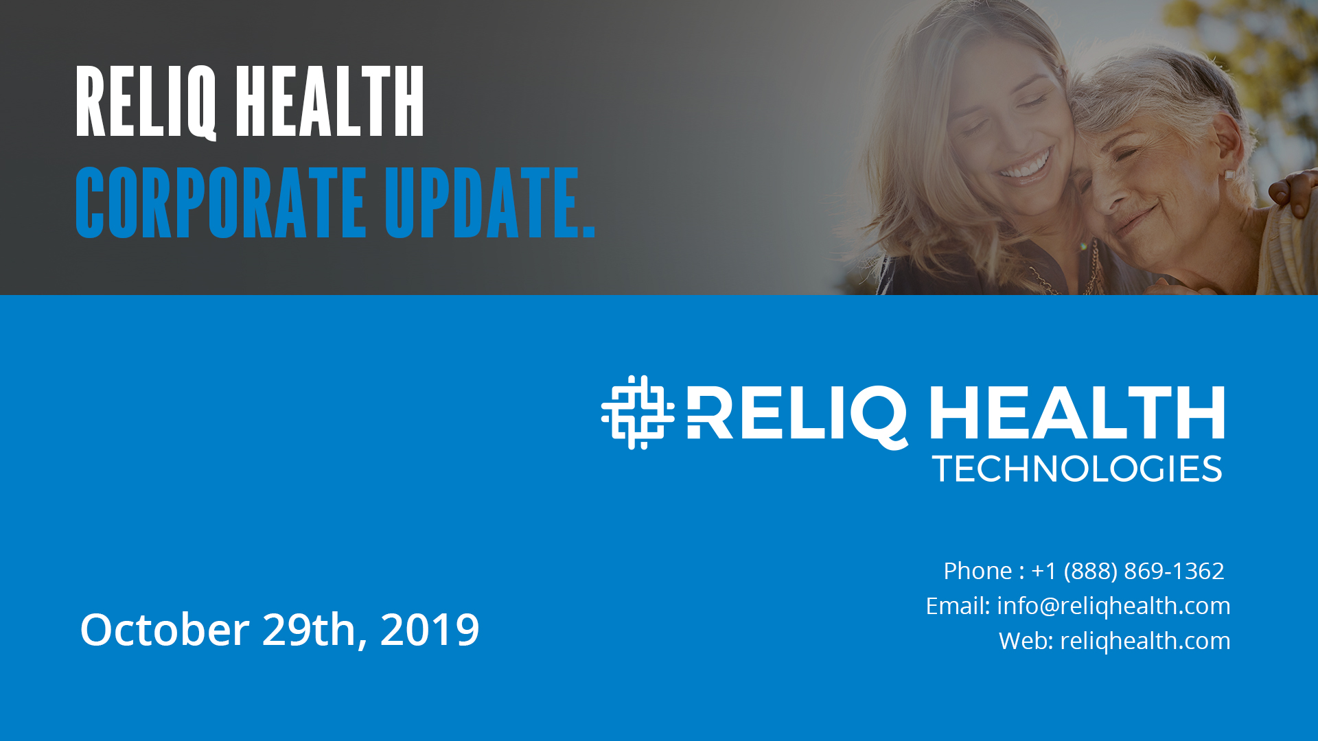 Video Preview for Reliq Health Corporate Update dated October 29th 2019